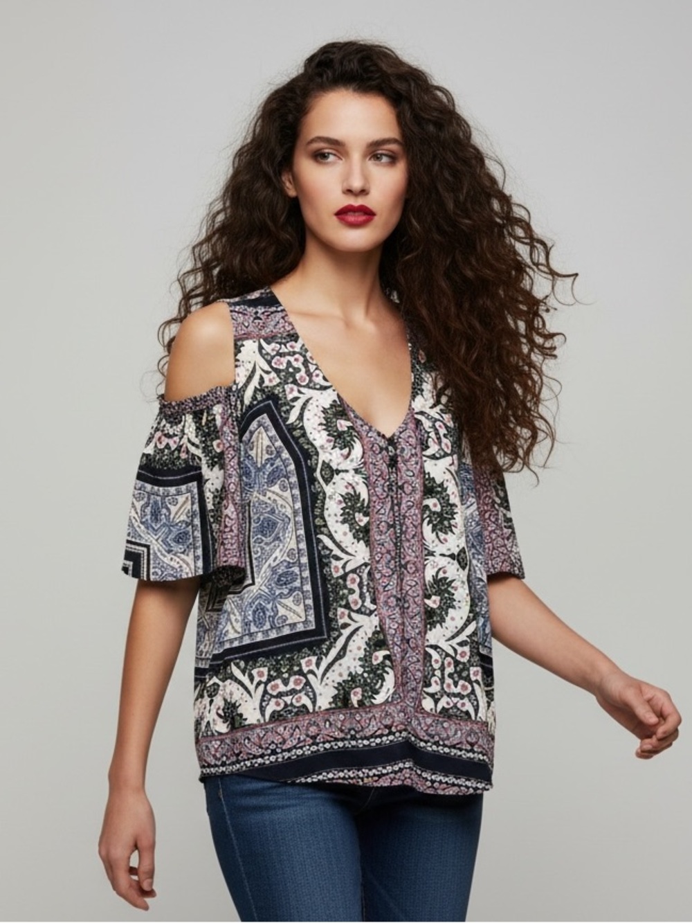 Luxology Cold Shoulder Paisley Boho Blouse High-Low Hem Size L